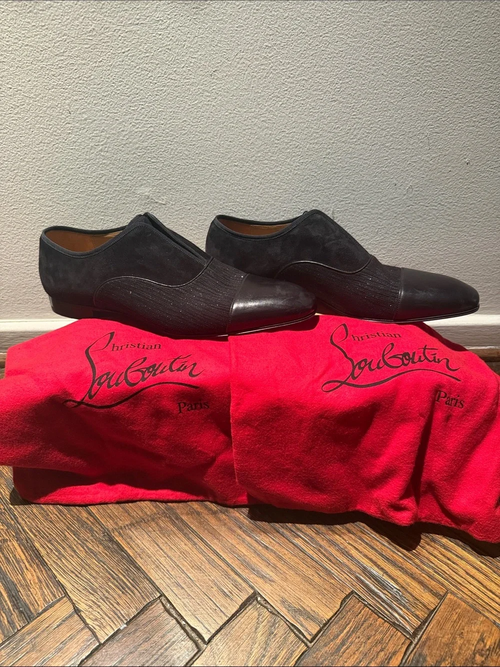 Men's Louboutin Black Leather & Suede Cap-Toe Dress Shoes